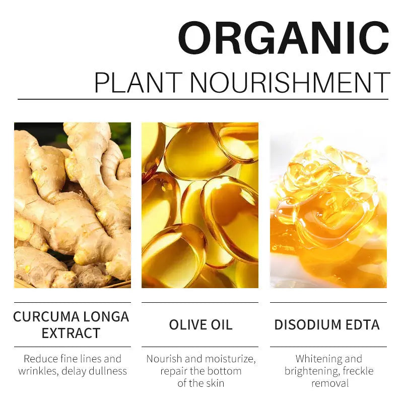 Organic plant nourishment ingredients including curcuma longa extract ginger roots, golden olive oil capsules, and shiny disodium EDTA gel