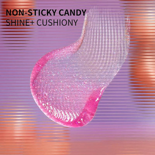 Pink and white candy-like product with text 'Non-Sticky Candy' on a multicolored background