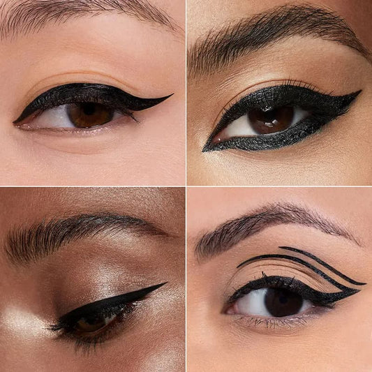 Collage of close-up shots of eyes with black eyeliner on different skin tones.