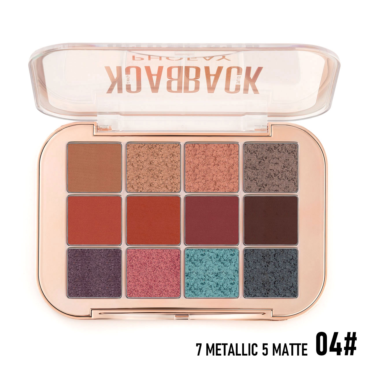 Makeup palette with various shades of eyeshadow in a clear case