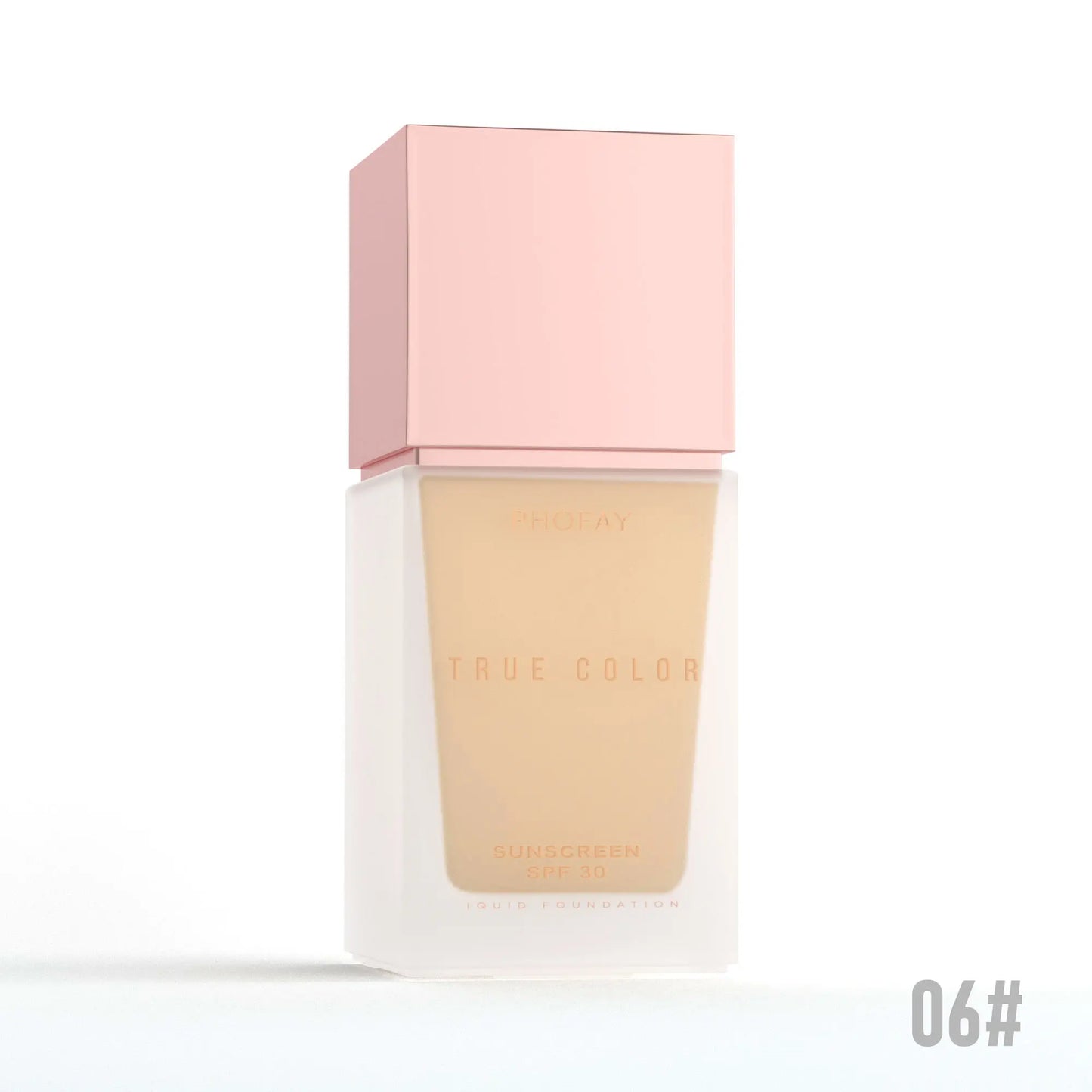 Foundation bottle with pink cap on a white background