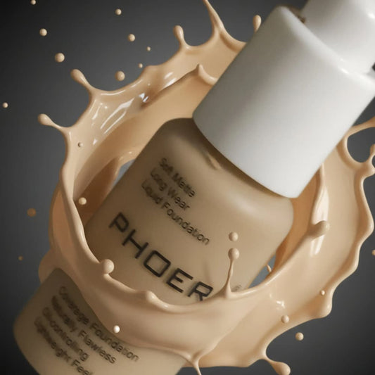 PHOERA foundation bottle with a splash of beige liquid on a dark background