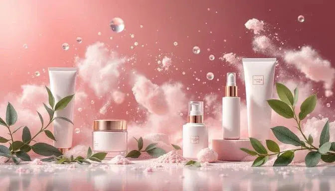 Skincare products including tubes, jars, and droppers with green leaves and pink powder on a pink background