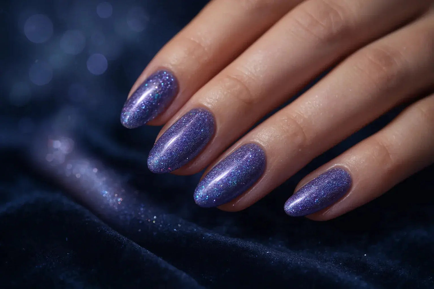 Close-up of hand with long almond-shaped nails painted in glittery purple nail polish on dark fabric