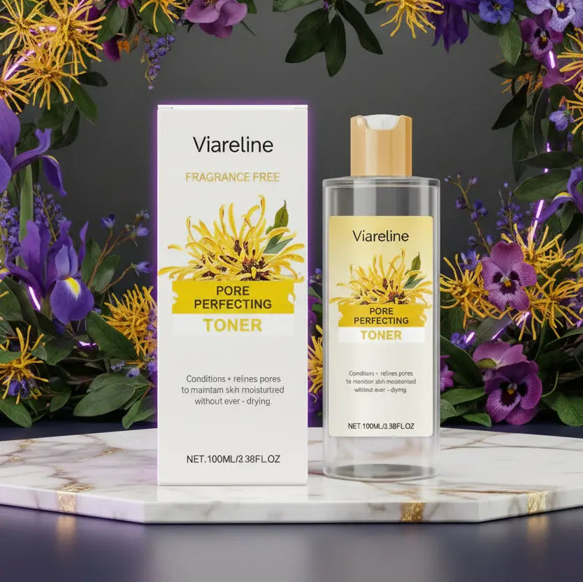 Viareline Pore Perfecting Toner bottle and packaging with flowers in the background