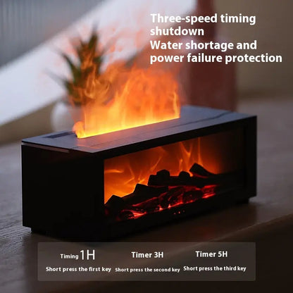 Modern electric fireplace with flames on a wooden surface, featuring text about timing shutdown and protection features.