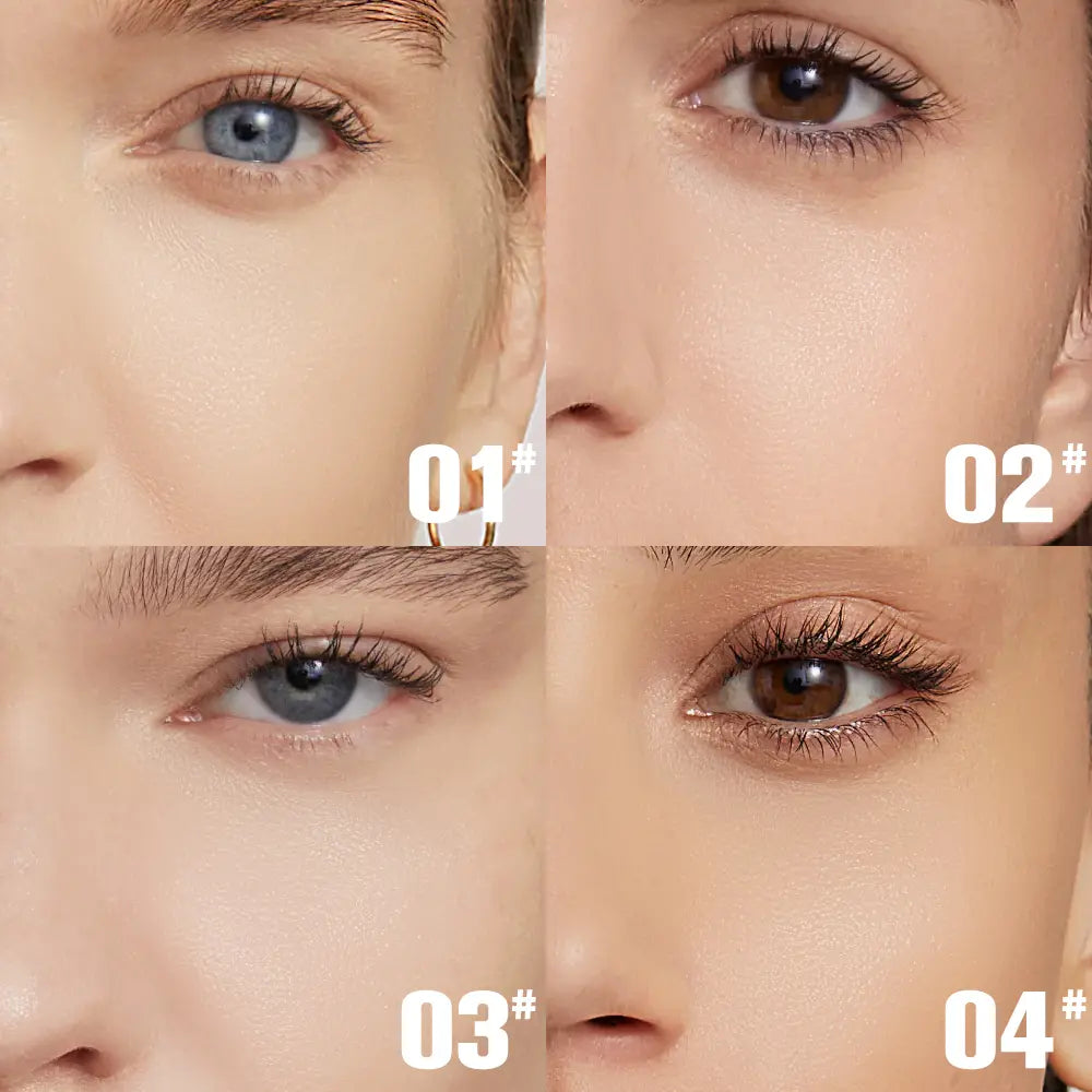 Close-up of a person's eyes with different colored lenses labeled 01#, 02#, 03#, and 04#.