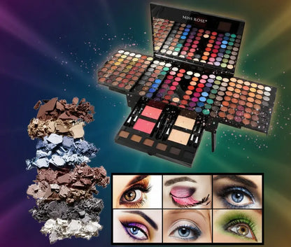 Miss Rose large makeup palette with eyeshadows, blushes, and brushes, plus eye makeup looks and crushed eyeshadow samples