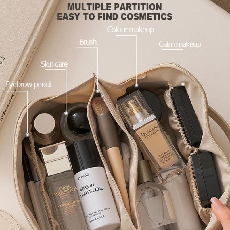 Makeup bag with various cosmetic products labeled, including skin care, eyebrow pencil, brush, color makeup, and calm makeup.