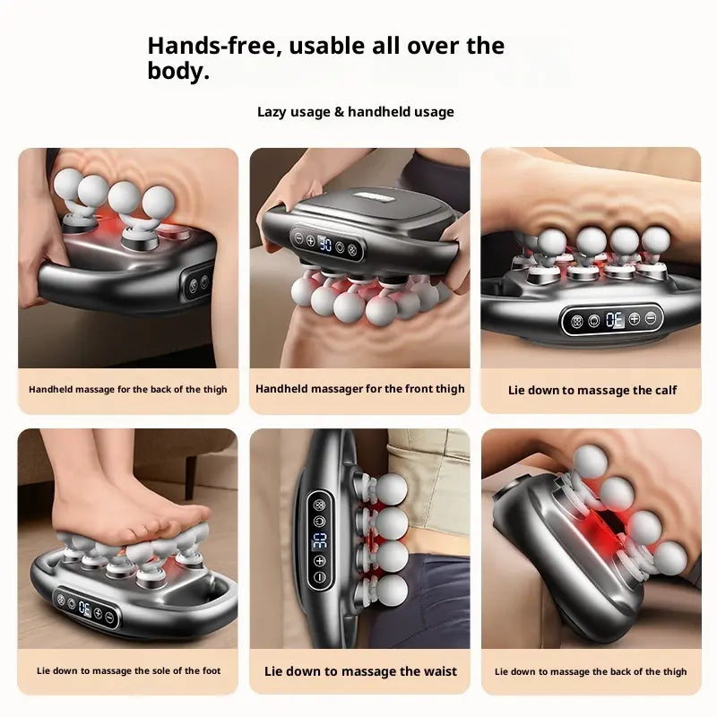 Handheld massage device with various usage scenarios on a beige background