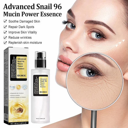 OUHOE Advanced Snail 96 Mucin Power Essence with packaging and skin benefits displayed.
