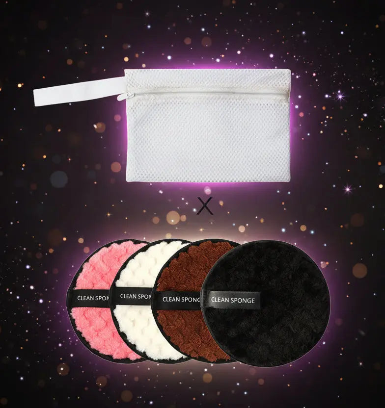 White mesh zipper pouch with four round reusable makeup remover sponges in pink, white, brown, and black