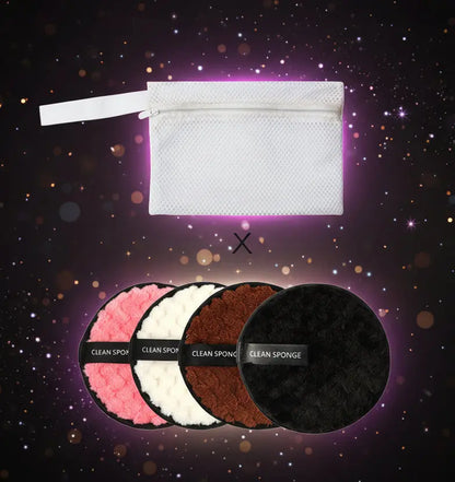 White mesh zipper pouch with four round reusable makeup remover sponges in pink, white, brown, and black