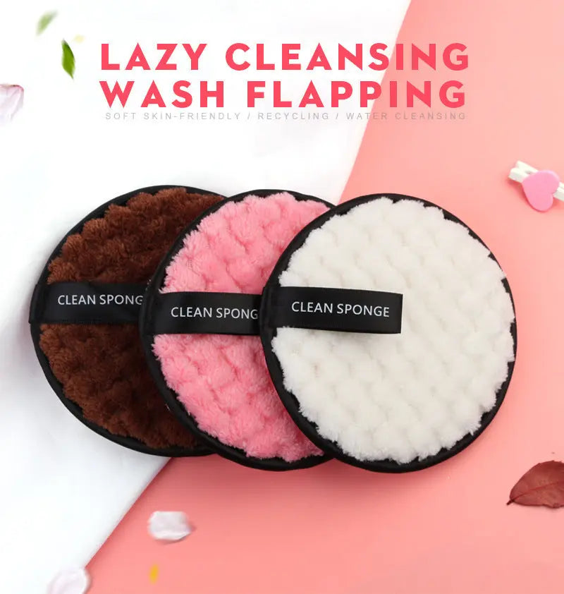 Three soft clean sponge pads in brown, pink, and white for gentle skin cleansing on pink and white background
