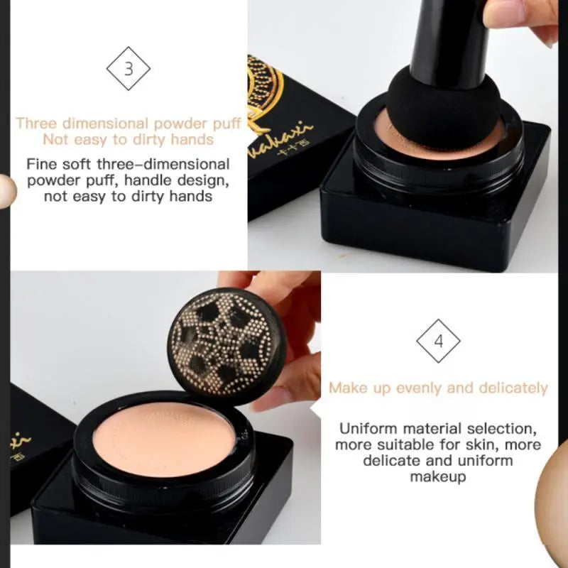 Makeup product with a three-dimensional powder puff and text on a white background