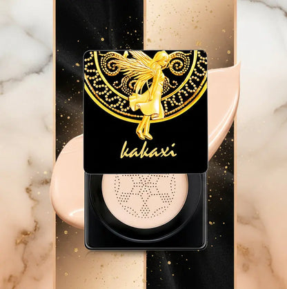 Makeup compact with gold decorative lid featuring a logo and 'kakaxi' branding on a marble background.