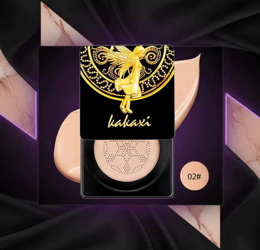 Makeup compact with gold decorative design and 'kakaxi' branding on a dark background