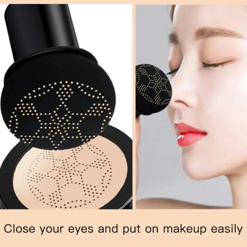 Makeup sponge applicator with close-up of a woman's face applying makeup.