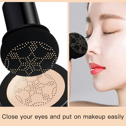 Makeup sponge applicator with close-up of a woman's face applying makeup.