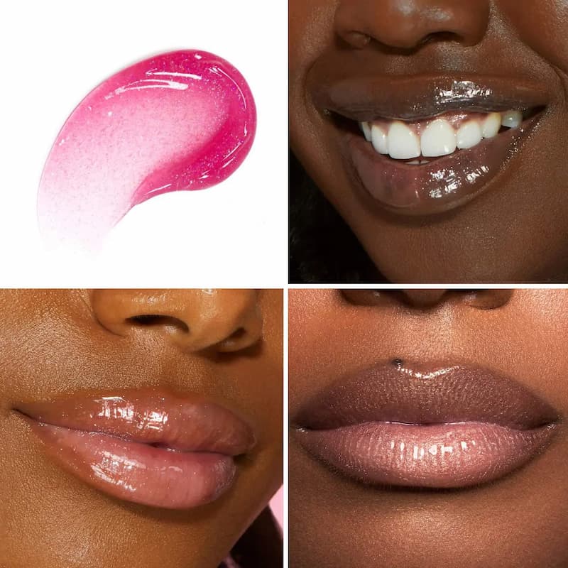 Collage of pink lip gloss on a white background and applied to lips.
