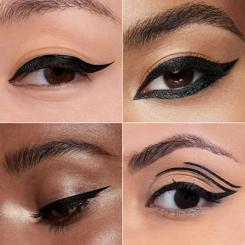 Collage of close-up shots of eyes with black eyeliner on different skin tones.
