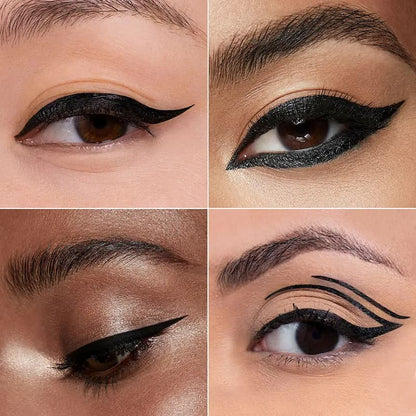 Collage of close-up shots of eyes with black eyeliner on different skin tones.