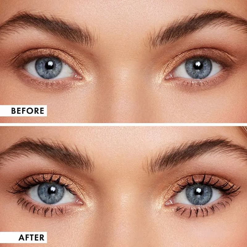 Before and after comparison of eye makeup application on a person with blue eyes.