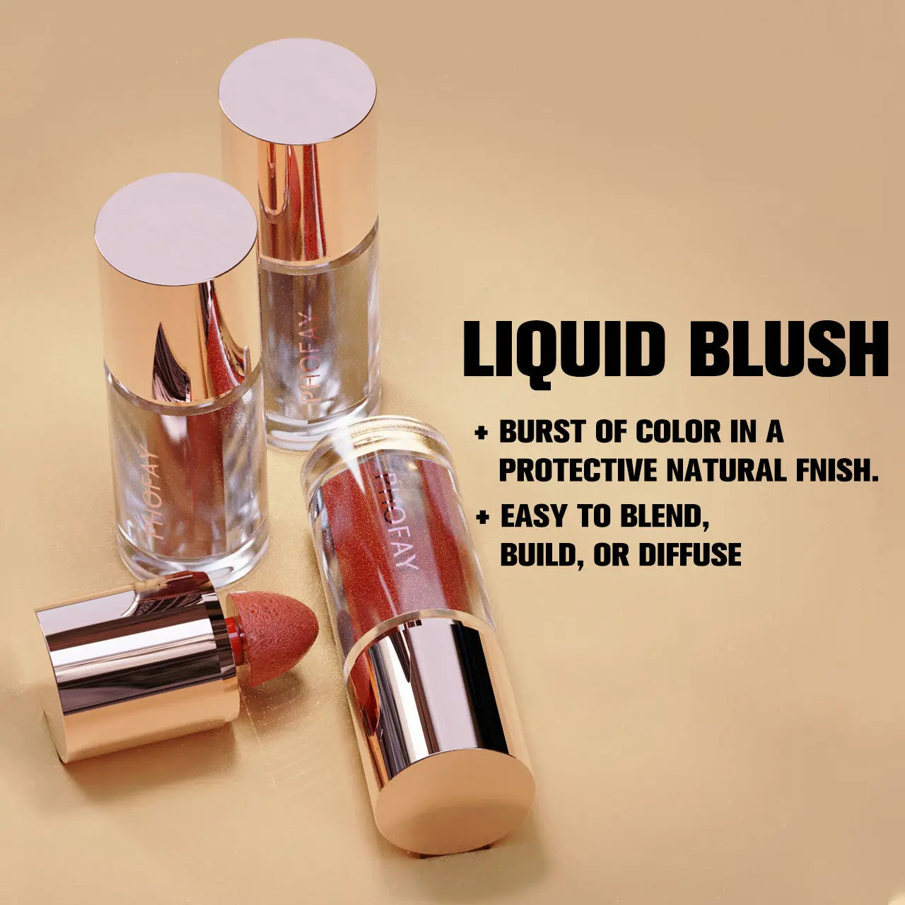 PHOFAY Mousse Liquid Blush in a tan/beige background - Long-Lasting Matte Formula velvet vial