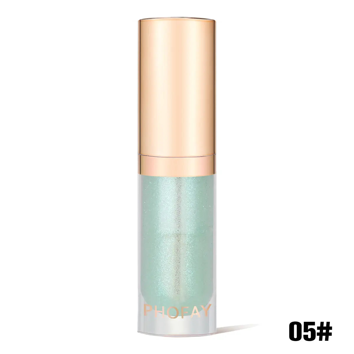 lip oil bottle with gold cap and light green body on a white background