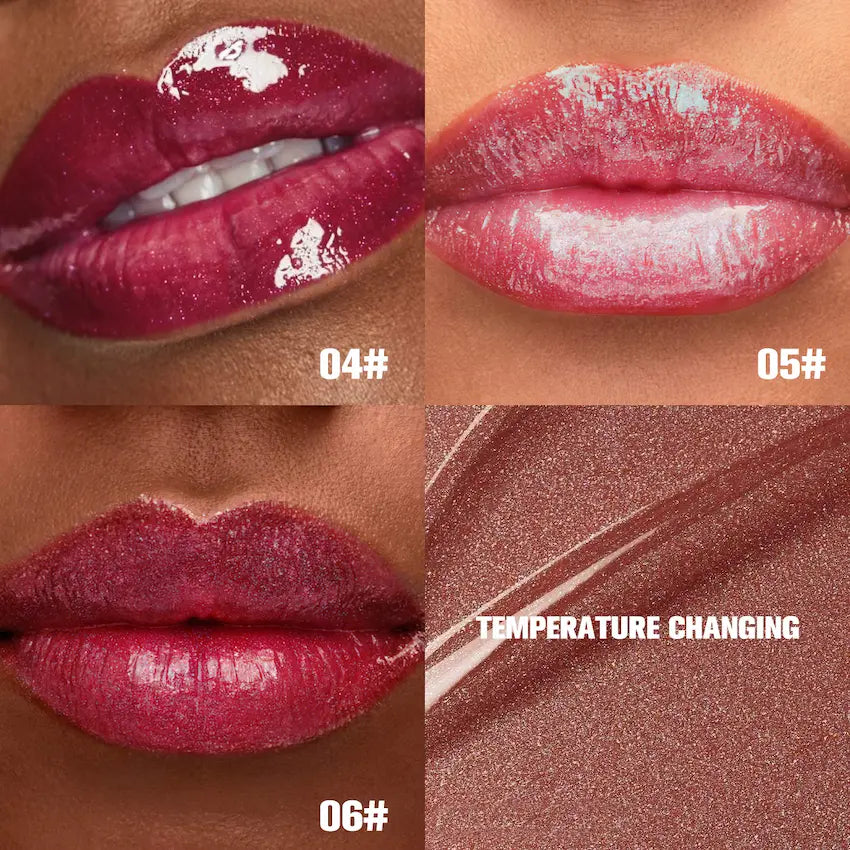 lip oil shades with temperature-changing effect on a model's lips.