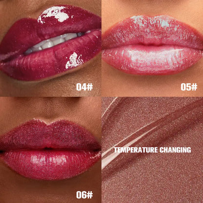 lip oil shades with temperature-changing effect on a model's lips.
