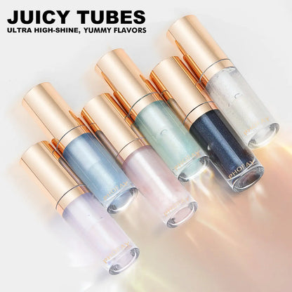 Set of lip gloss tubes with gold caps on a gradient background, featuring the brand 'Juicy Tubes'.