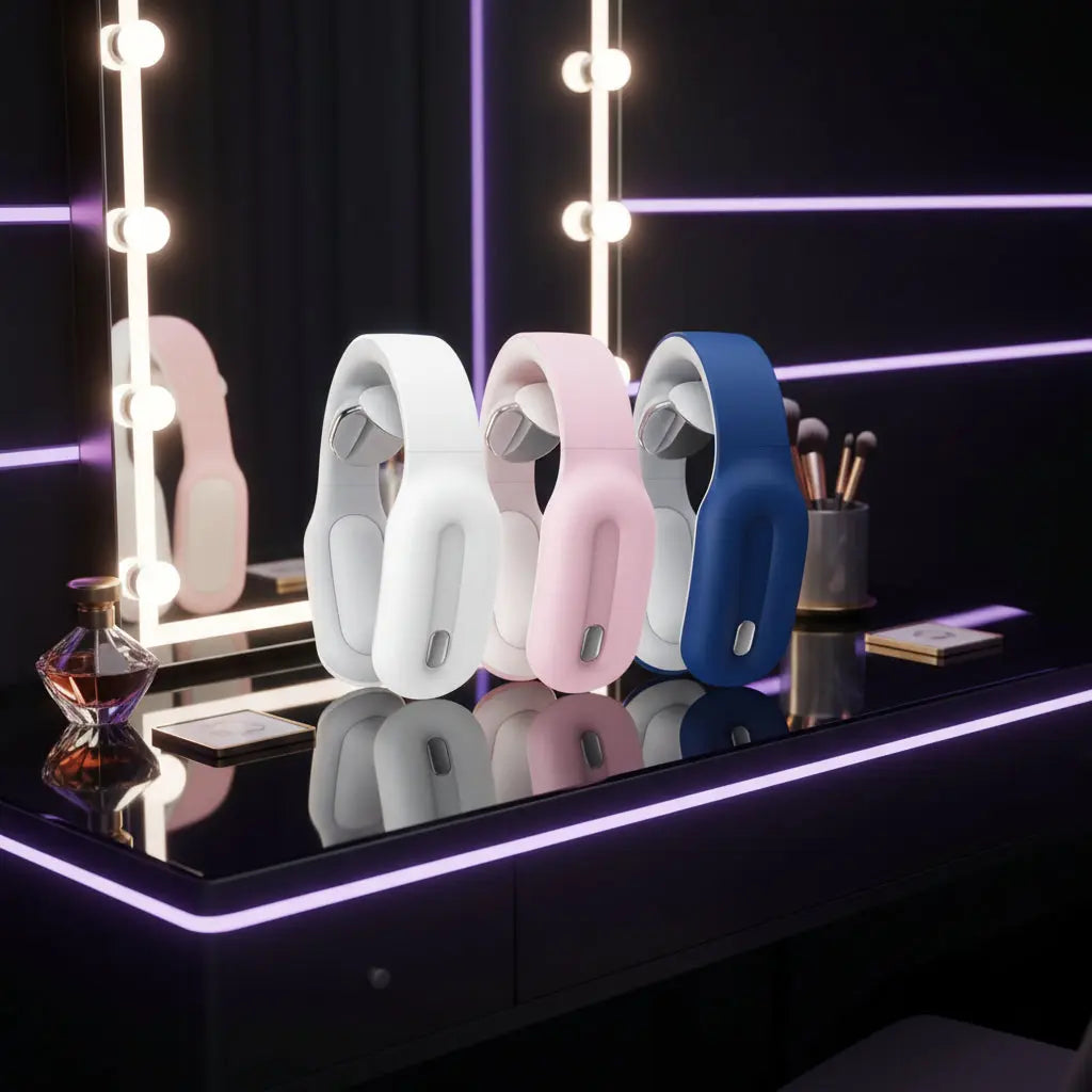 Intelligent Heat & Pulse Neck Massager lined up in a dark themed vanity- Therapeutic Relief & Relaxation velvet vial