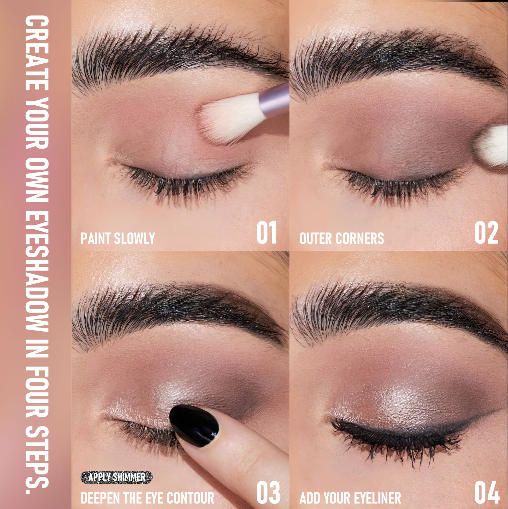 Step-by-step guide on applying eyeshadow with a brush and finger, showing the process of creating an eyeshadow look.