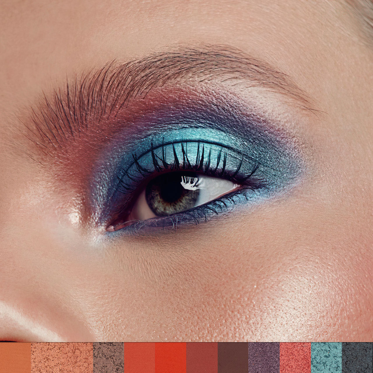 Close-up of a woman's eye with blue and purple makeup, color swatches at the bottom.