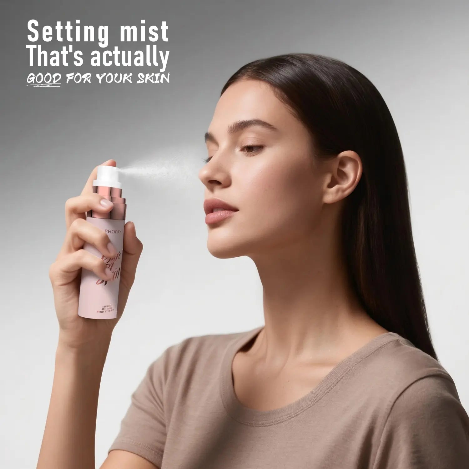 Woman using a setting mist product with text 'Setting mist That's actually good for your skin' on a gray background