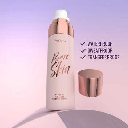 Makeup setting spray bottle with rose gold cap and 'PHOFAY Bare Skin' text on a gradient background.