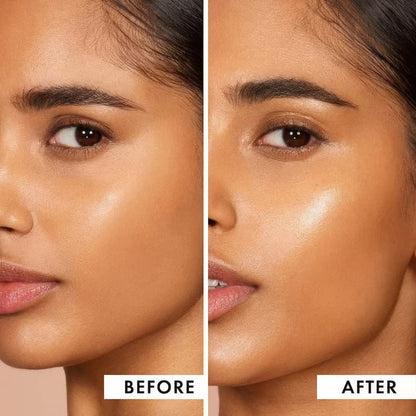 Before and after comparison of a woman's face with smooth skin texture.
