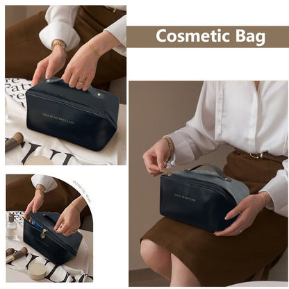 Collage of a person using a cosmetic bag with close-up shots and text 'Cosmetic Bag'.