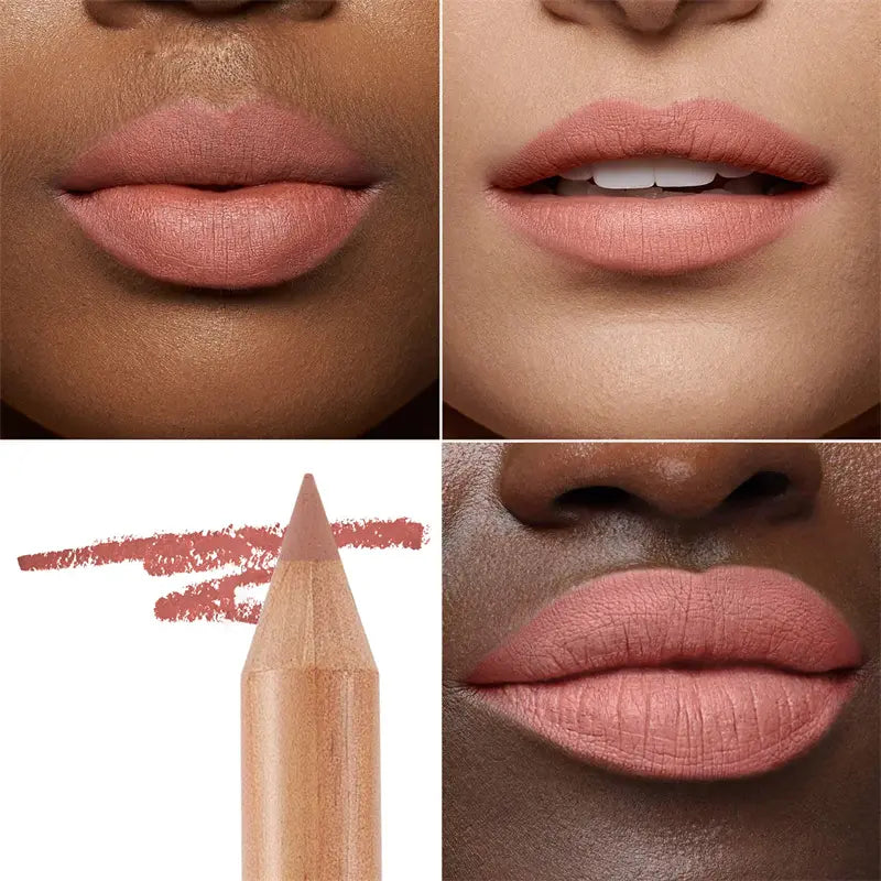 Collage of a lip pencil and close-up shots of lips with different shades.