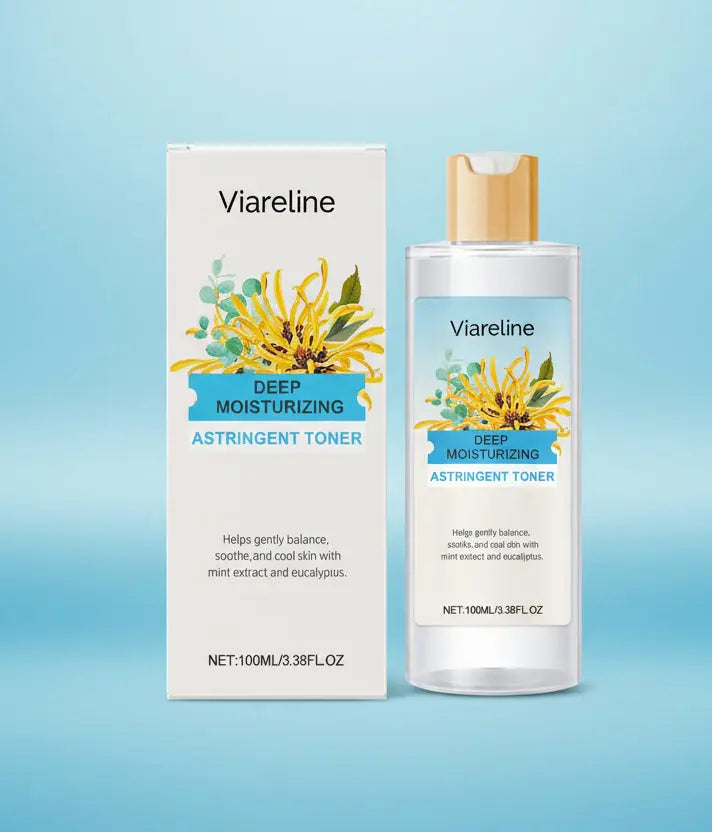 Viareline deep moisturizing astrigent toner bottle and packaging on a blue background