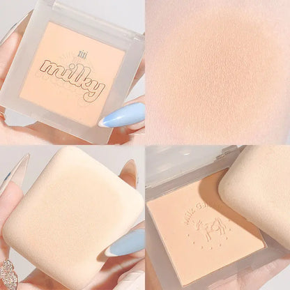 Collage of a Milky brand cosmetic product with close-up shots on skin.