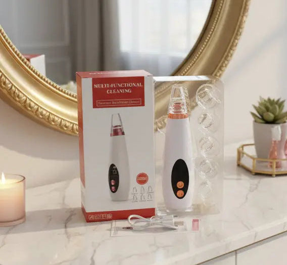 NEW Professional Blackhead Pore Vacuum in room vanity to show its accessibility - Microcrystalline Suction Technology velvet vial