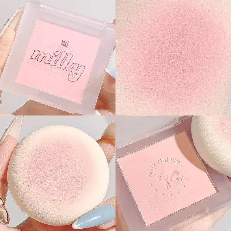 Collage of a pink makeup product with 'milky' branding, including a compact case and sponge applicator.