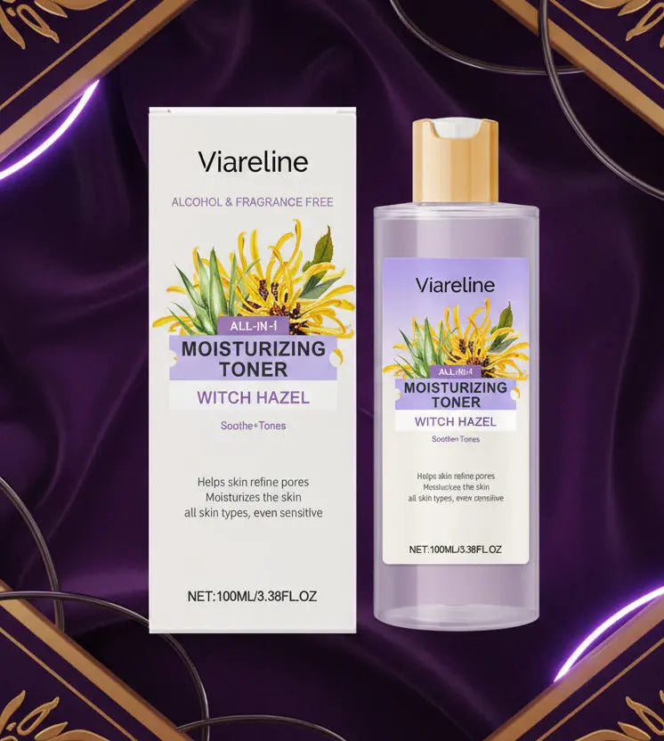 Viareline moisturizing toner bottle and packaging on a purple background