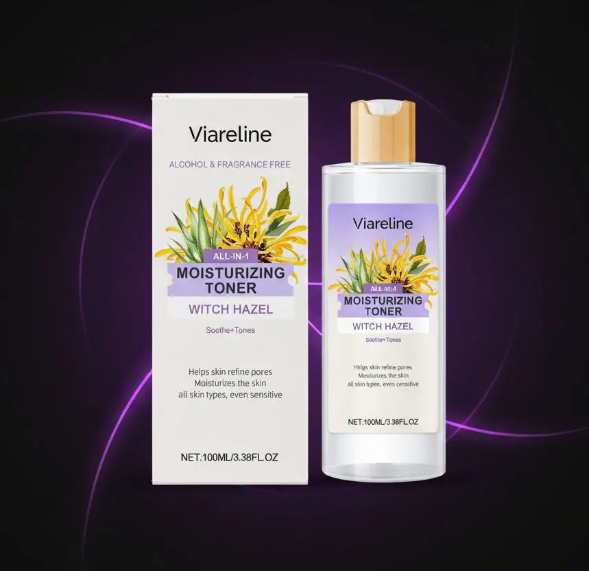 Viareline moisturizing toner packaging and bottle on a dark background