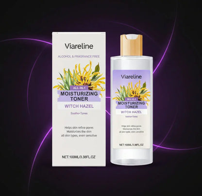 Viareline moisturizing toner packaging and bottle on a dark background