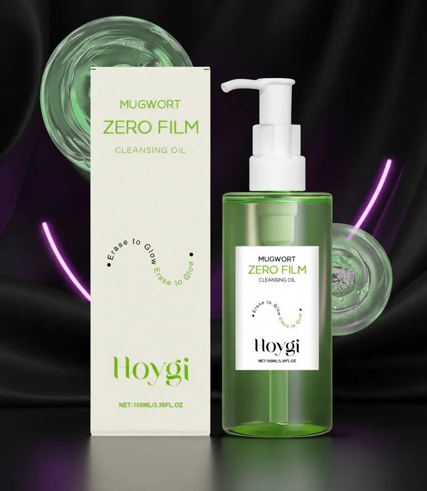 Mugwort Zero Film cleansing oil with packaging on a dark background