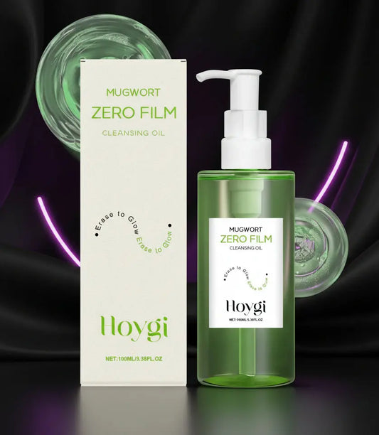 Mugwort Zero Film cleansing oil with packaging on a dark background