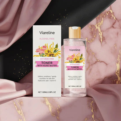 Viareline hydrating toner bottle and packaging on a decorative background